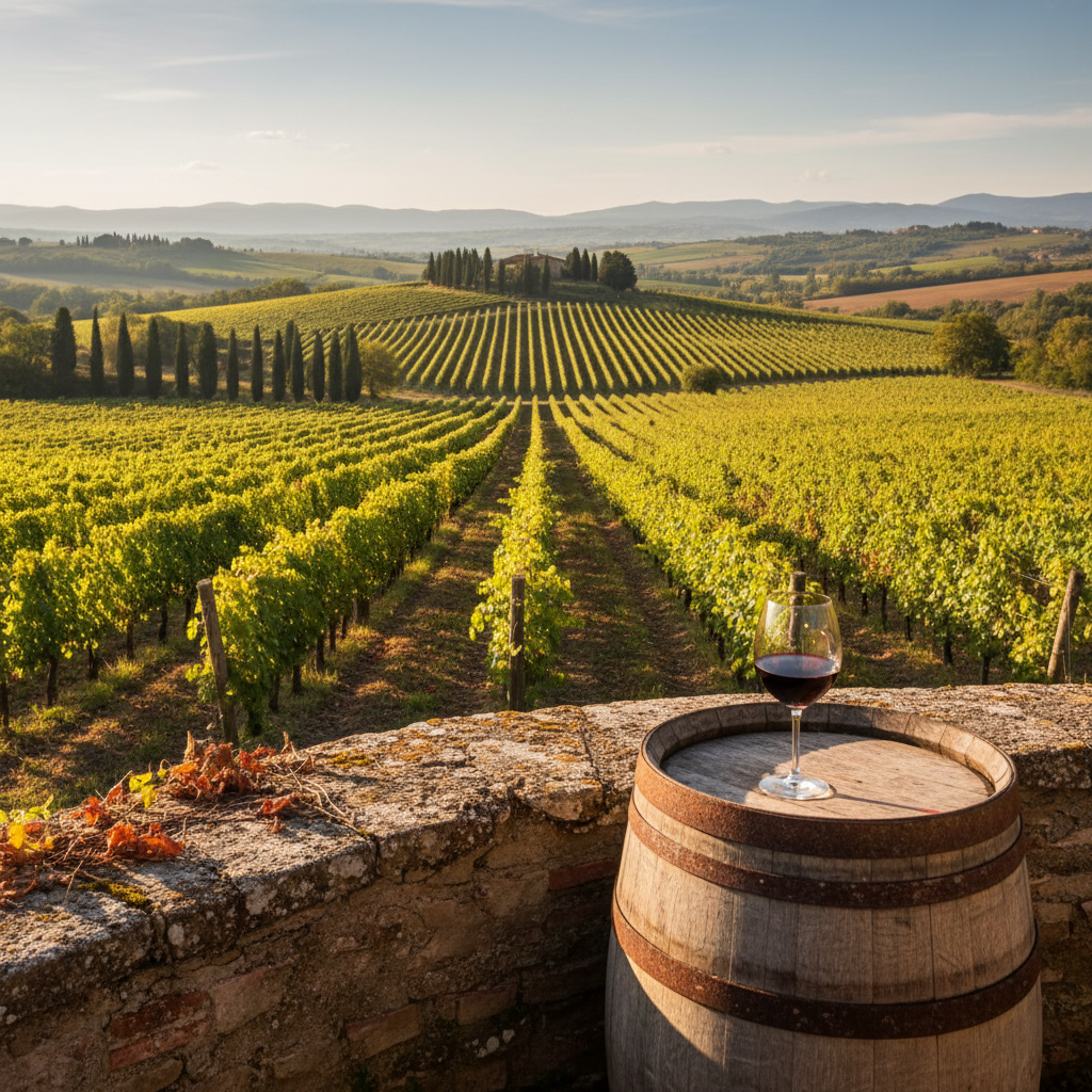 Vinhedo italiano tradicional sob o sol, com barril de madeira e taça de vinho tinto, simbolizando a riqueza e a tradição dos vinhos da Itália.