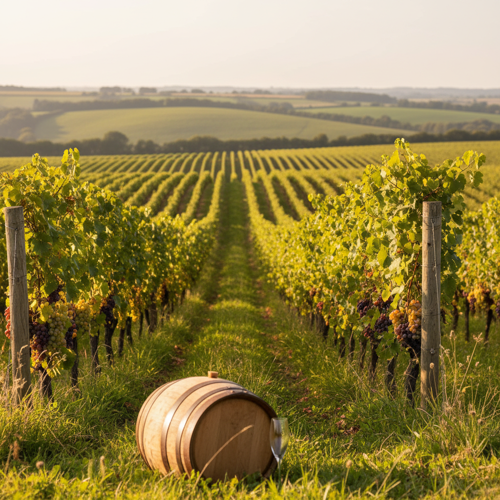 Vinhedo exuberante no sudeste da Inglaterra com uvas maduras, colinas verdes e um copo de espumante, representando as fascinantes regiões vinícolas do Reino Unido.