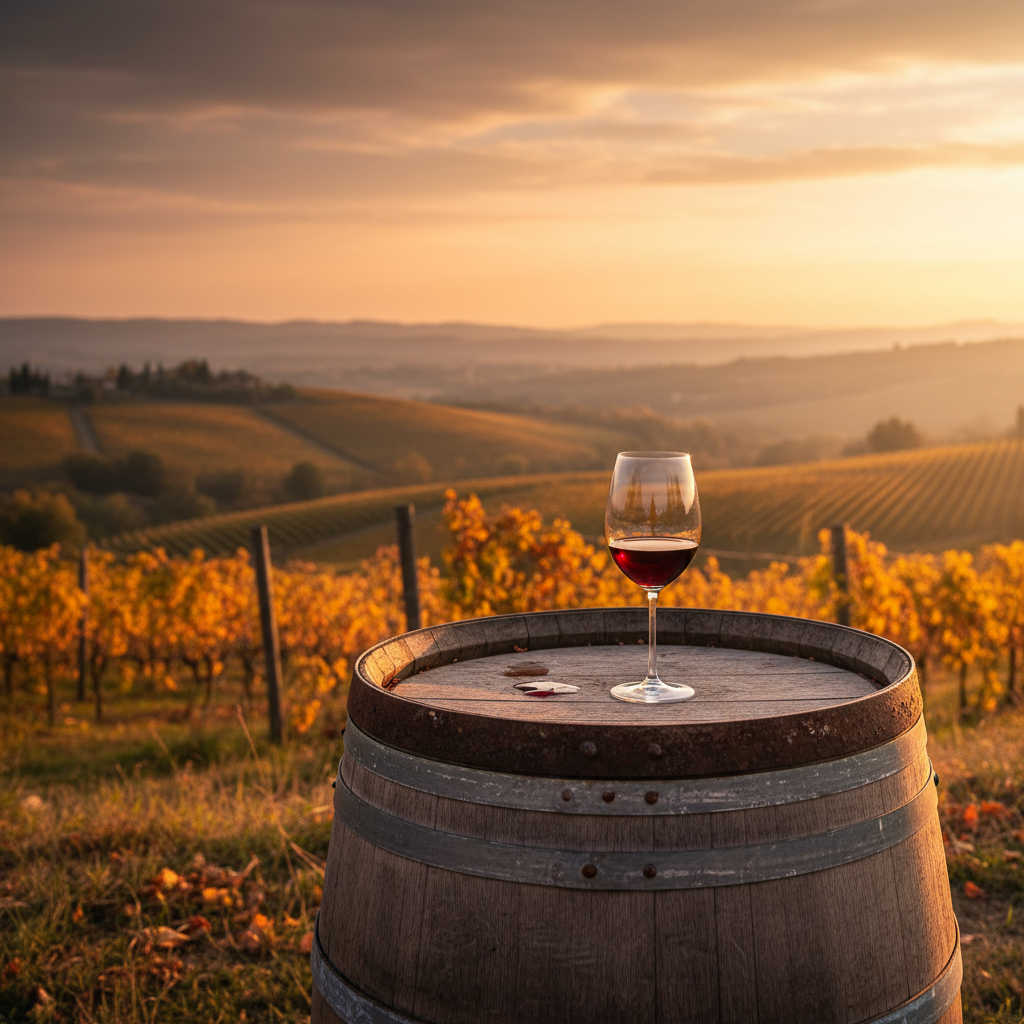 Taça de vinho tinto descansando sobre um barril de madeira em um pitoresco vinhedo italiano ao entardecer, com videiras ao fundo.