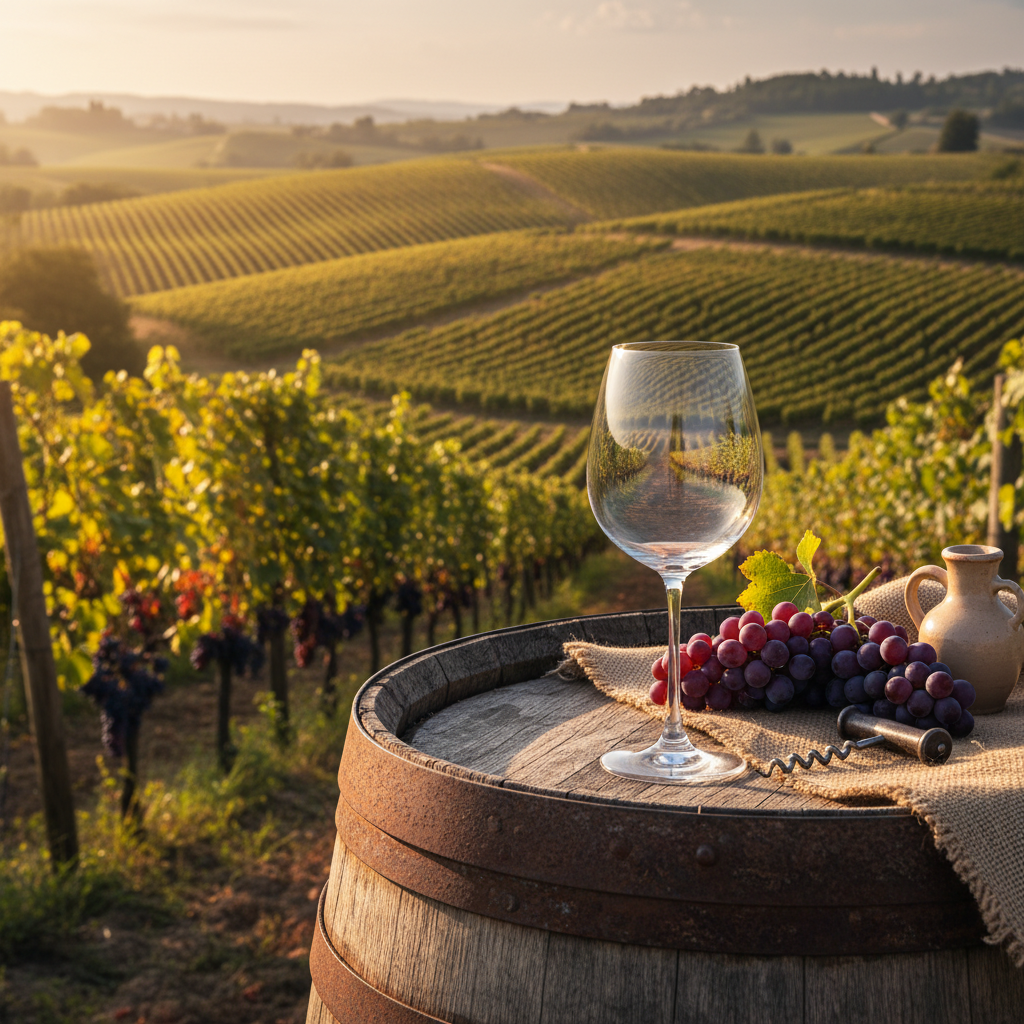 Vinhedo exuberante sob o sol, com videiras carregadas, uma taça de vinho elegante e um barril de carvalho rústico ao fundo, evocando a riqueza do universo das uvas.