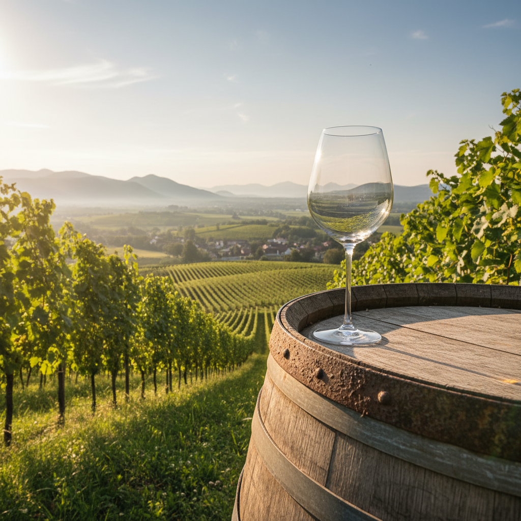 Vista panorâmica de um vinhedo austríaco com uma taça de vinho sobre um barril de carvalho.