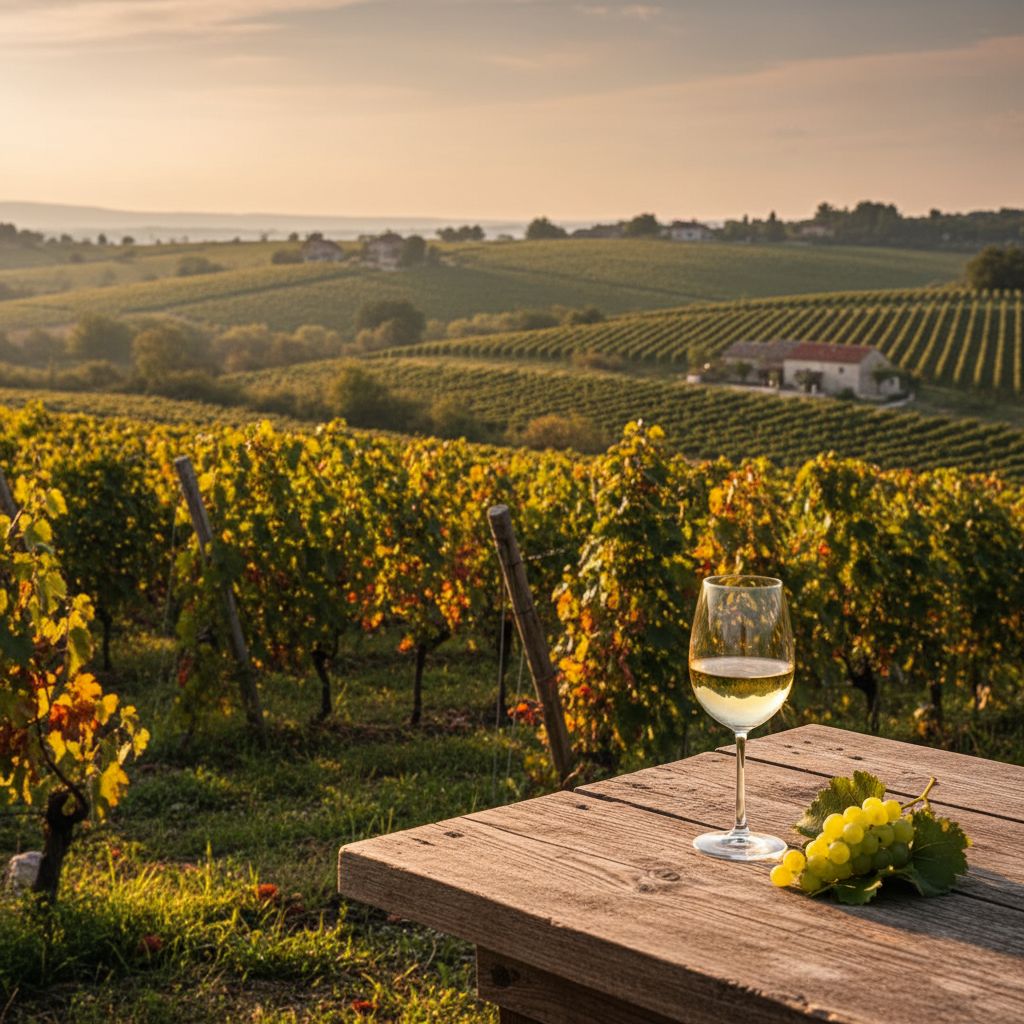 Vinhedo ensolarado na Herzegovina com um copo de vinho branco sobre uma mesa rústica de madeira, evocando a tradição vinícola local.