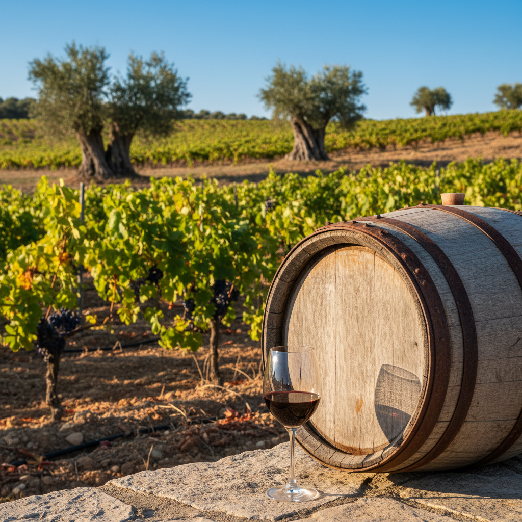 Taça de vinho tinto e barril em vinhedo ensolarado em Chipre, simbolizando a cultura vinícola mediterrânea.