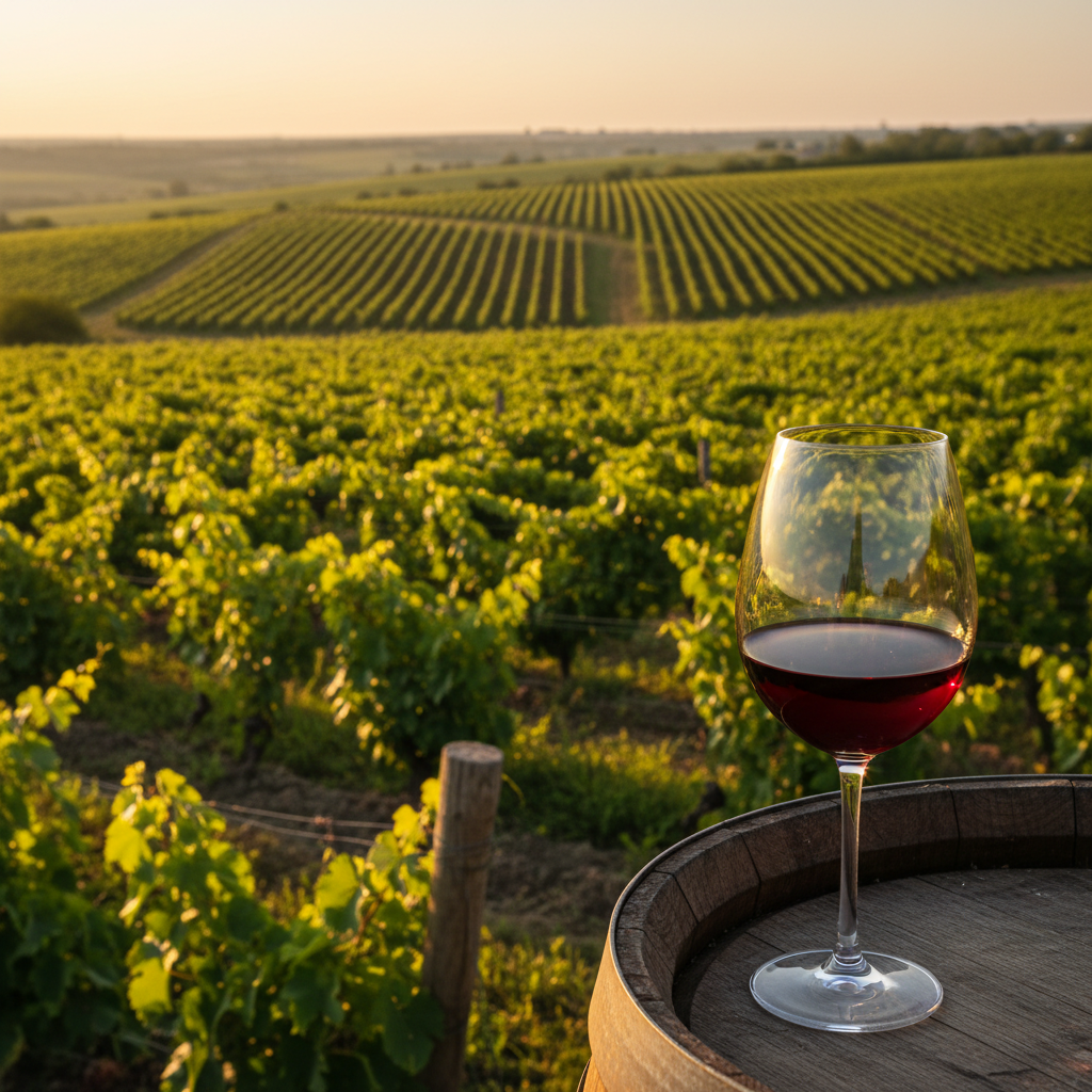 Vinhedos exuberantes da região de Codru, Moldávia, com um copo de vinho tinto em primeiro plano, sob a luz dourada do pôr do sol.