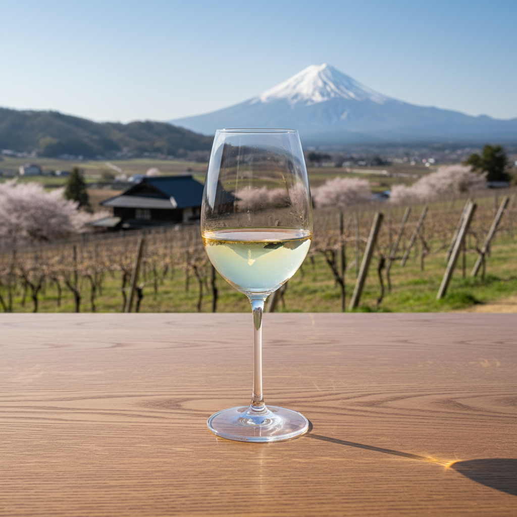 Taça de vinho japonês em um vinhedo ensolarado, simbolizando a qualidade e a origem dos vinhos do Japão.