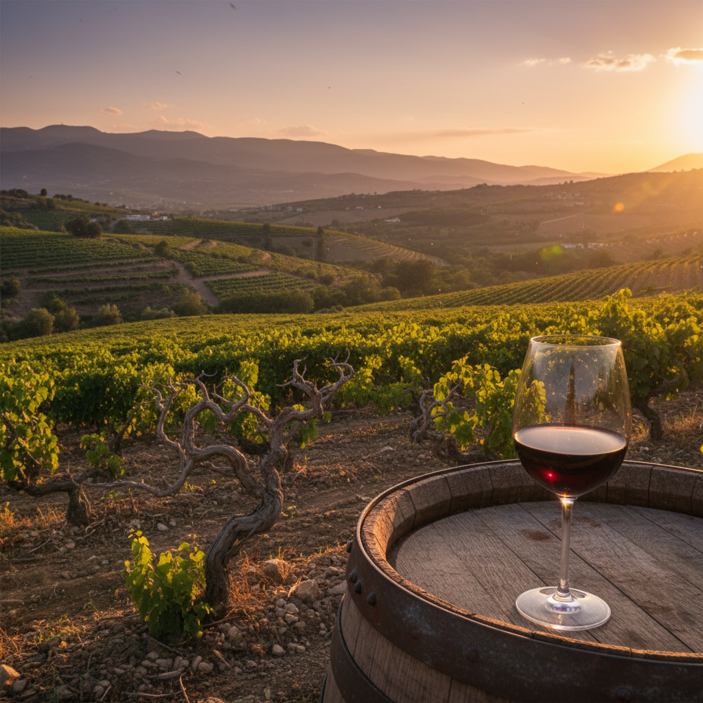 Vinhedo libanês ao pôr do sol com um copo de vinho tinto sobre um barril de madeira, simbolizando a rica tradição vinícola do Líbano.
