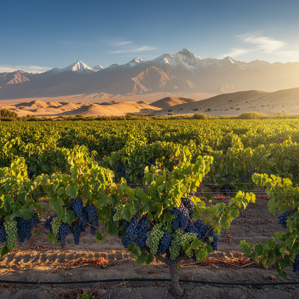 Vinhedos peruanos com uvas maduras, mostrando a transição de um terreno desértico para as imponentes montanhas dos Andes ao fundo, sob a luz dourada da tarde.
