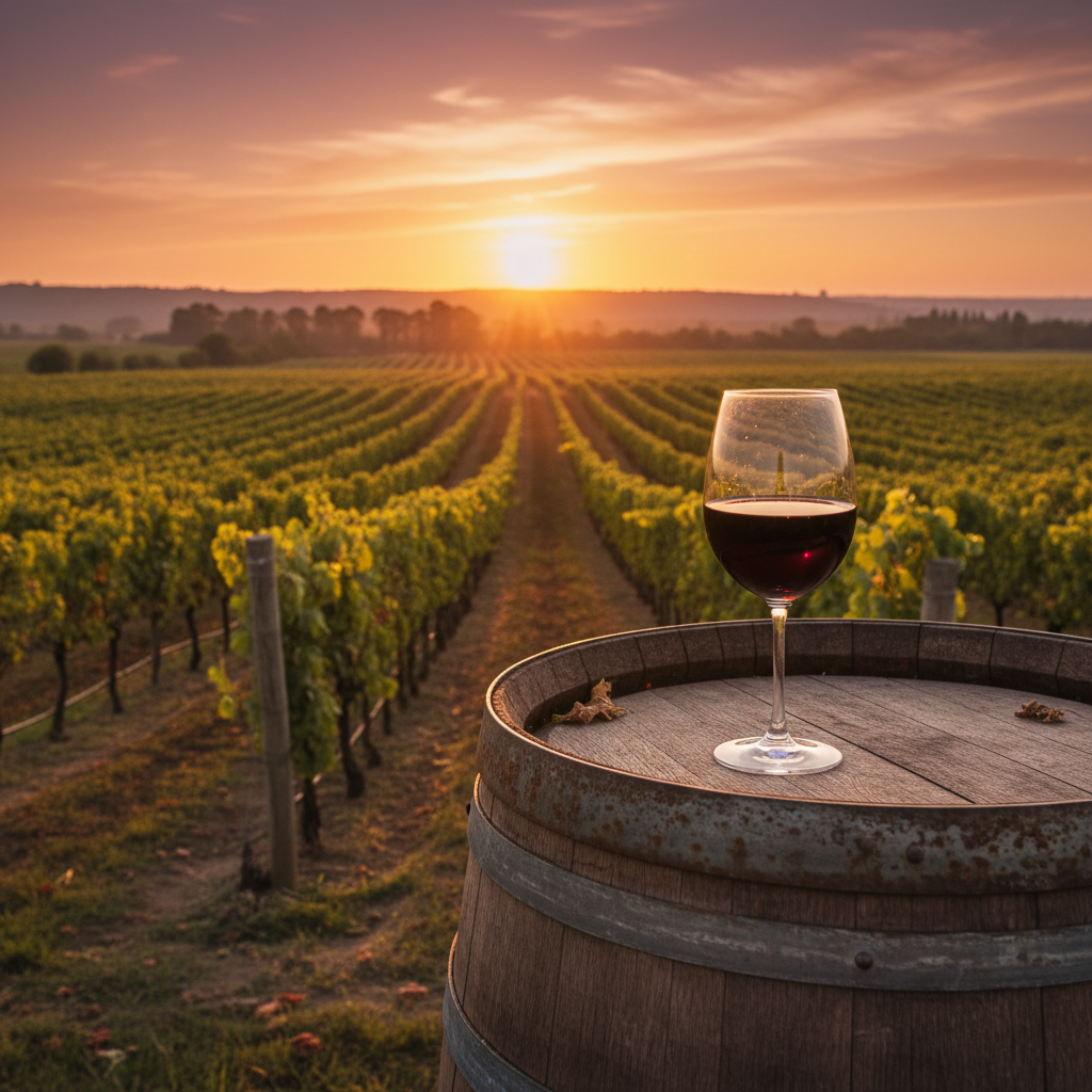 Vinhedo uruguaio ao pôr do sol com um copo de vinho tinto sobre um barril de madeira em primeiro plano, destacando a beleza das regiões vinícolas do Uruguai.
