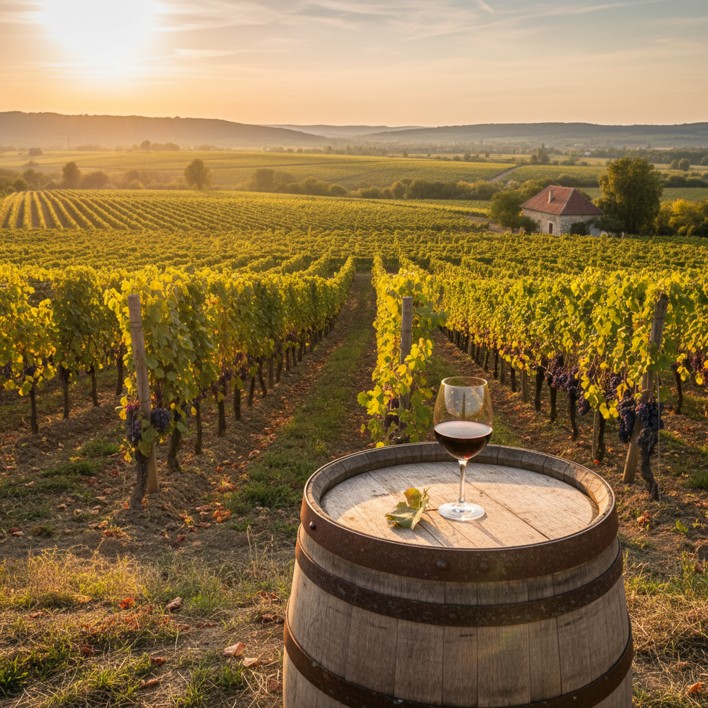Vinhedo húngaro exuberante ao pôr do sol, com fileiras de uvas maduras e um copo de vinho tinto sobre um barril de madeira.