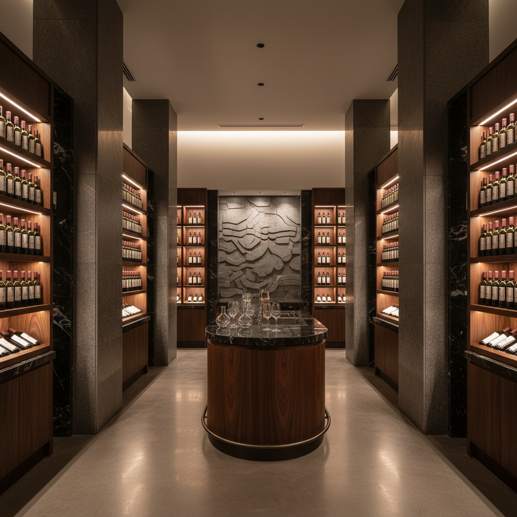 Interior elegante de uma loja ou bar de vinhos em Singapura, com prateleiras repletas de garrafas de diversas regiões e iluminação ambiente acolhedora.