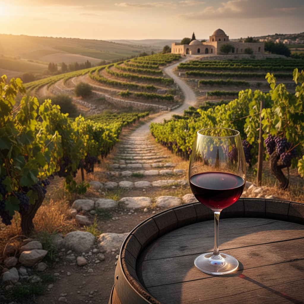 Taça de vinho tinto sobre um barril de madeira em um vinhedo antigo na Síria, com terraços de pedra e paisagem mediterrânea ao fundo.