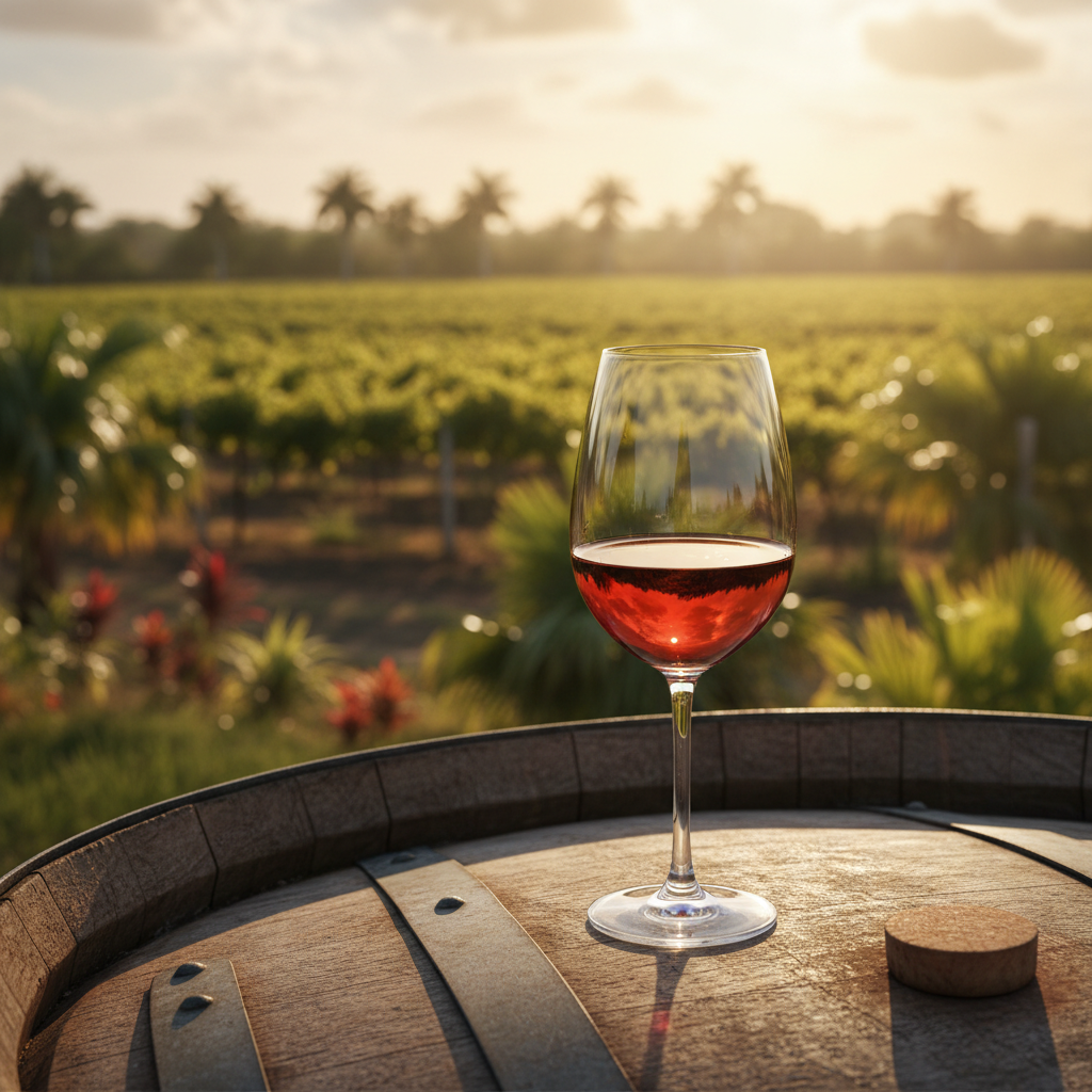 Taça de vinho tinto em barril de madeira com vinhedo tropical da República Dominicana ao fundo ensolarado.