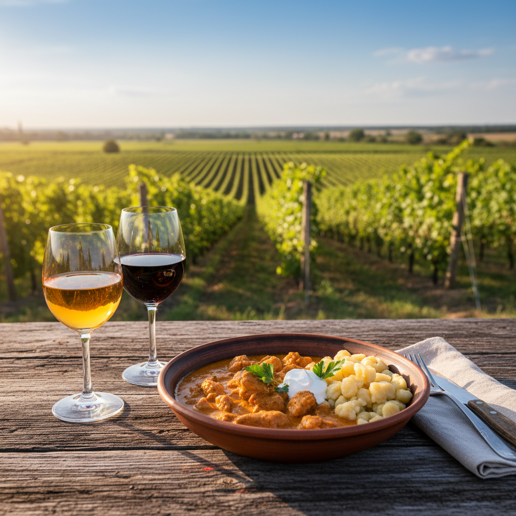 Mesa rústica com vinhos húngaros Tokaji e tinto, acompanhada de um prato tradicional húngaro, com um vinhedo ensolarado ao fundo.