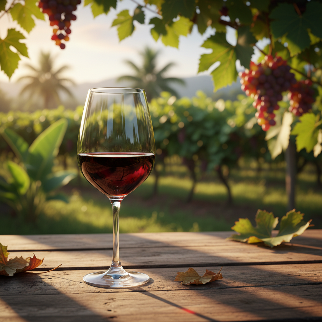 Taça de vinho elegante em mesa de madeira rústica, com vinhedo tropical desfocado ao fundo.