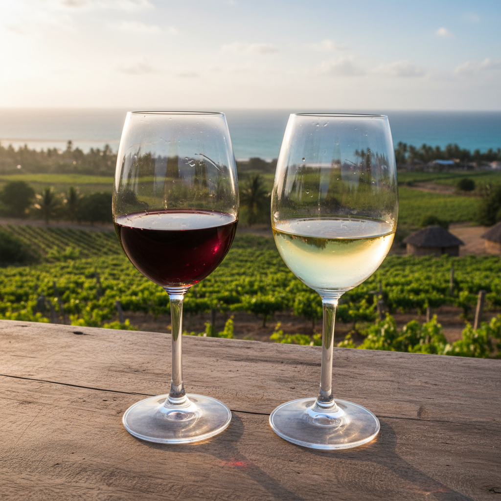 Taças de vinho tinto e branco sobre uma mesa rústica, com um vinhedo ensolarado ou paisagem costeira moçambicana ao fundo, sugerindo uma harmonização perfeita.