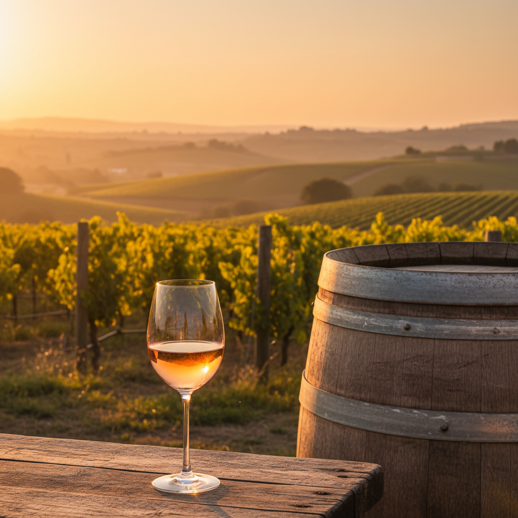 Taça de vinho rosé sobre mesa rústica em vinhedo ao pôr do sol, com barris de carvalho ao fundo.