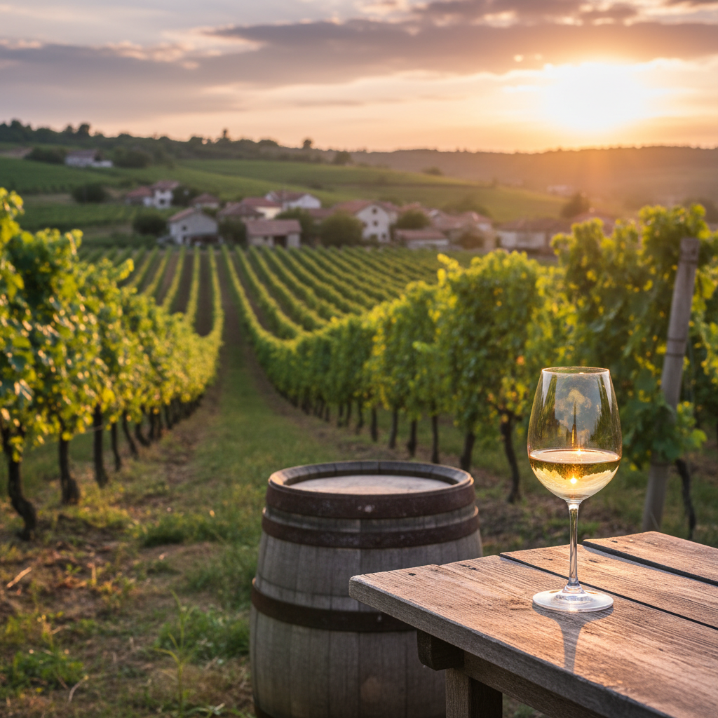 Vista panorâmica de um vinhedo na Bósnia e Herzegovina durante o pôr do sol, com uma taça de vinho elegante em destaque sobre uma mesa rústica, evocando a cultura vinícola local.