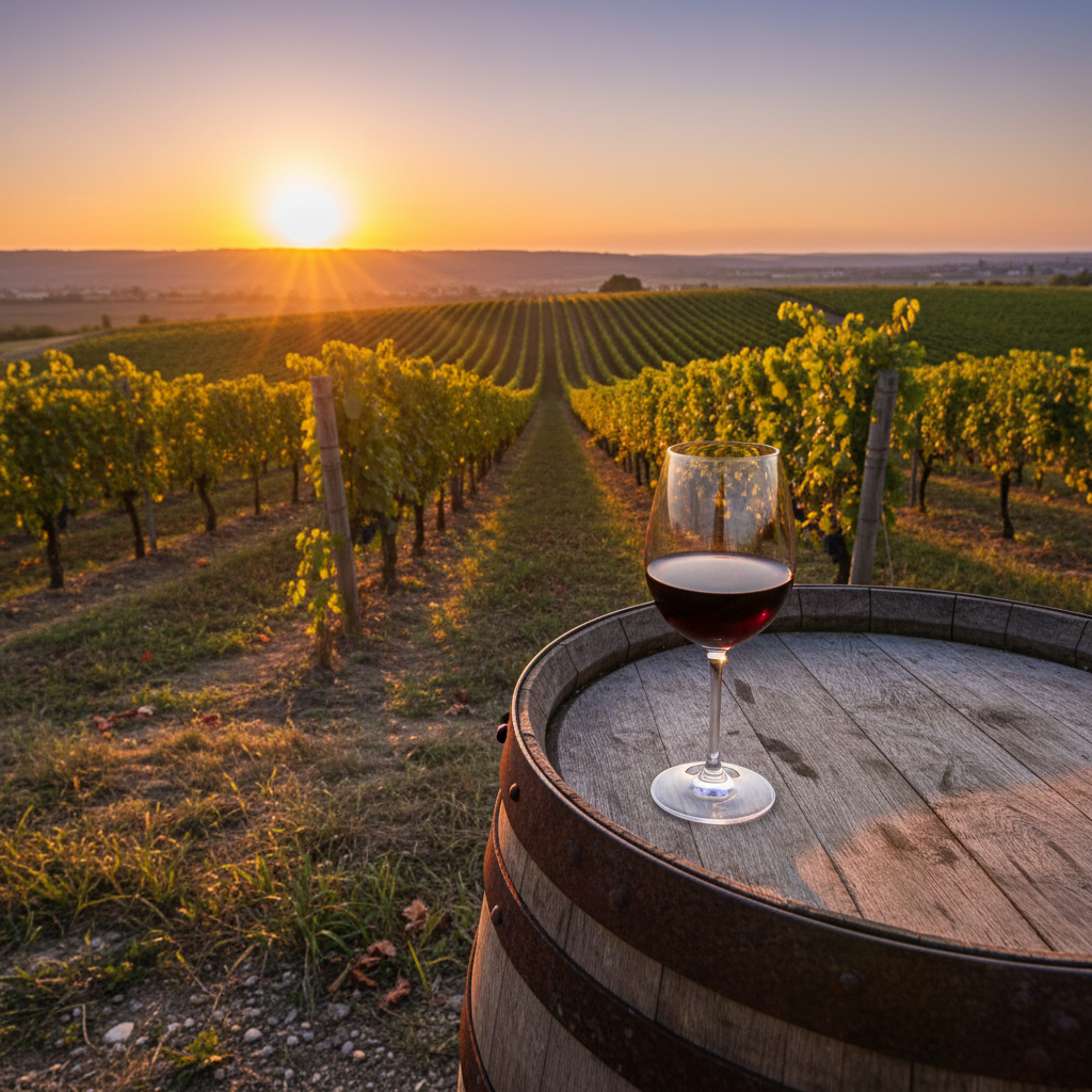 Taça de vinho tinto sobre barril de carvalho em um vinhedo russo ao pôr do sol, pronto para harmonização.