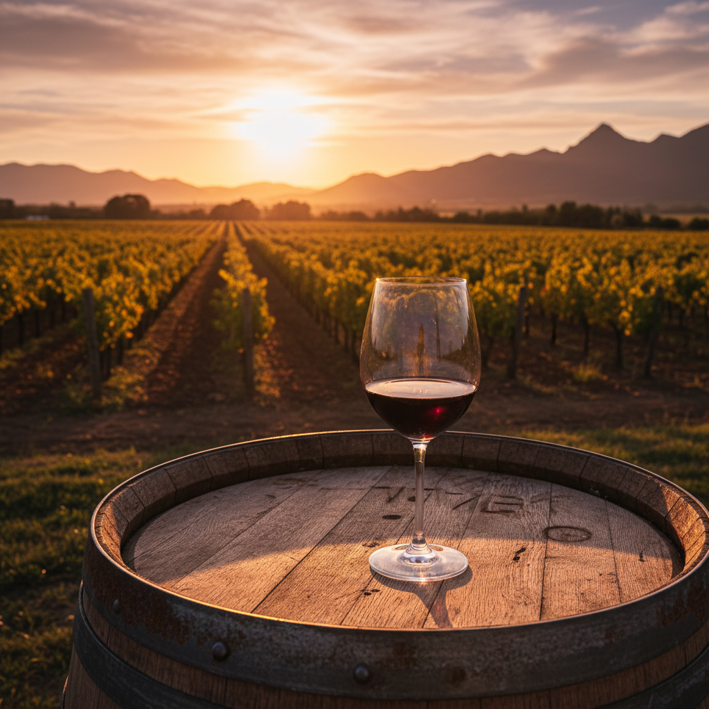 Taça de vinho tinto sobre barril de carvalho em um vinhedo sul-africano ao pôr do sol, simbolizando a arte da harmonização.