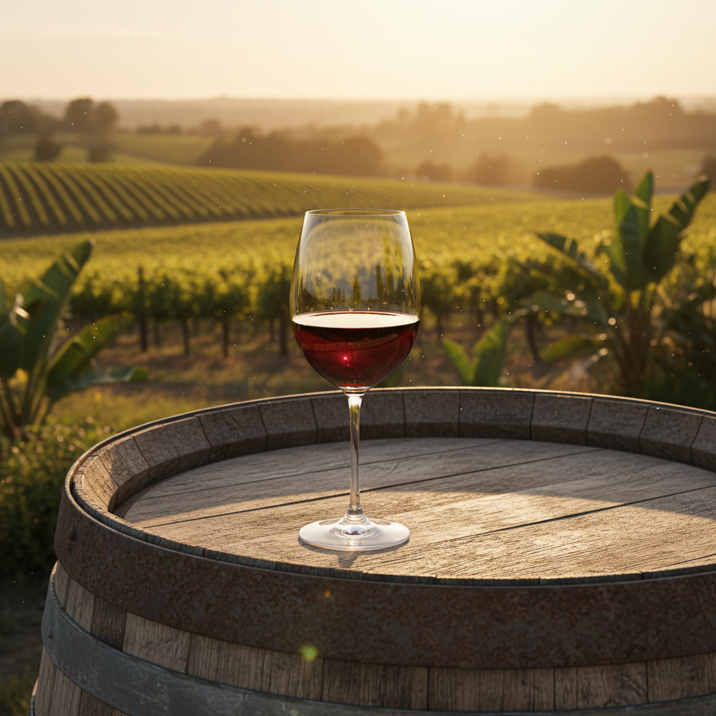 Taça de vinho tinto sobre barril de madeira com vinhedo ao fundo, sugerindo harmonização gastronômica com culinária salvadorenha.