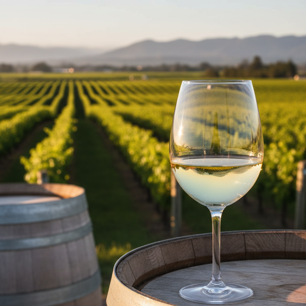 Taça de vinho branco elegante refletindo um vinhedo exuberante de Marlborough, Nova Zelândia, sob a luz dourada do pôr do sol, com um barril de carvalho ao fundo.