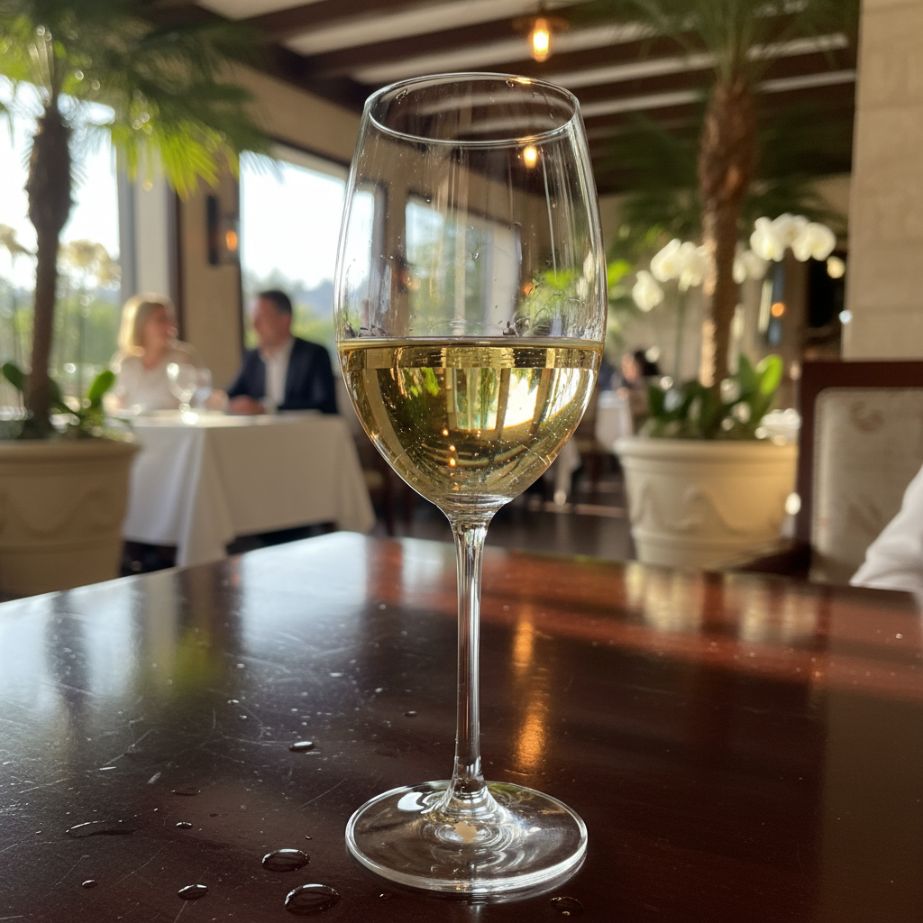 Taça de vinho branco elegante em mesa de madeira, com fundo desfocado que sugere um ambiente de jantar exótico e acolhedor.