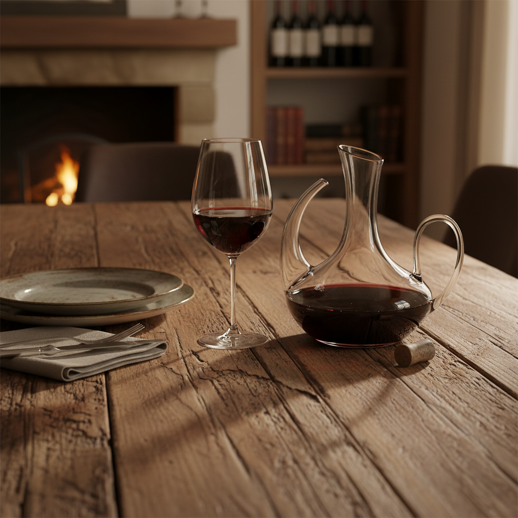 Mesa rústica com taça de vinho tinto e decanter, pronta para uma harmonização gastronômica em um ambiente acolhedor.