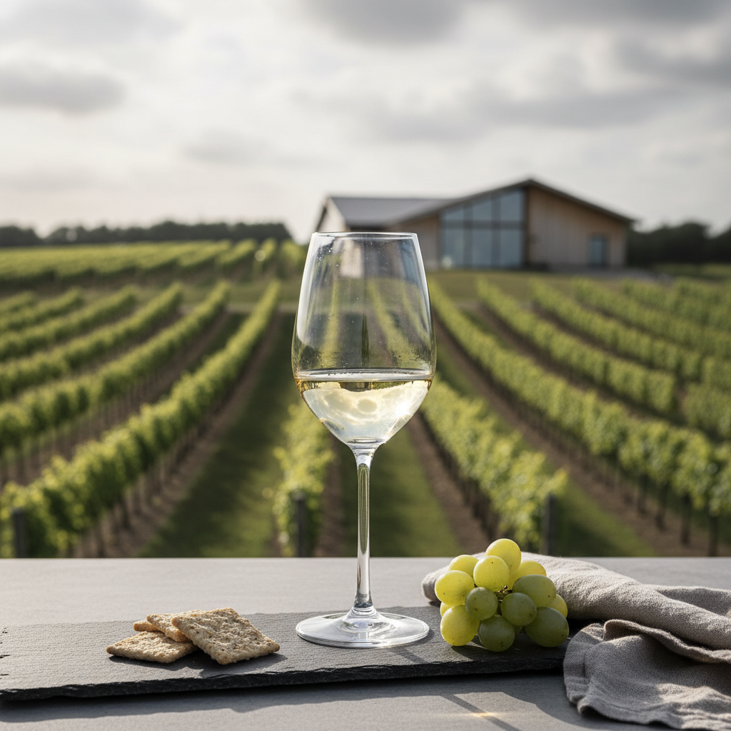 Cena de degustação de vinho em um vinhedo dinamarquês moderno, com uma taça de vinho branco ou rosé refletindo a luz nórdica suave, e videiras ao fundo.