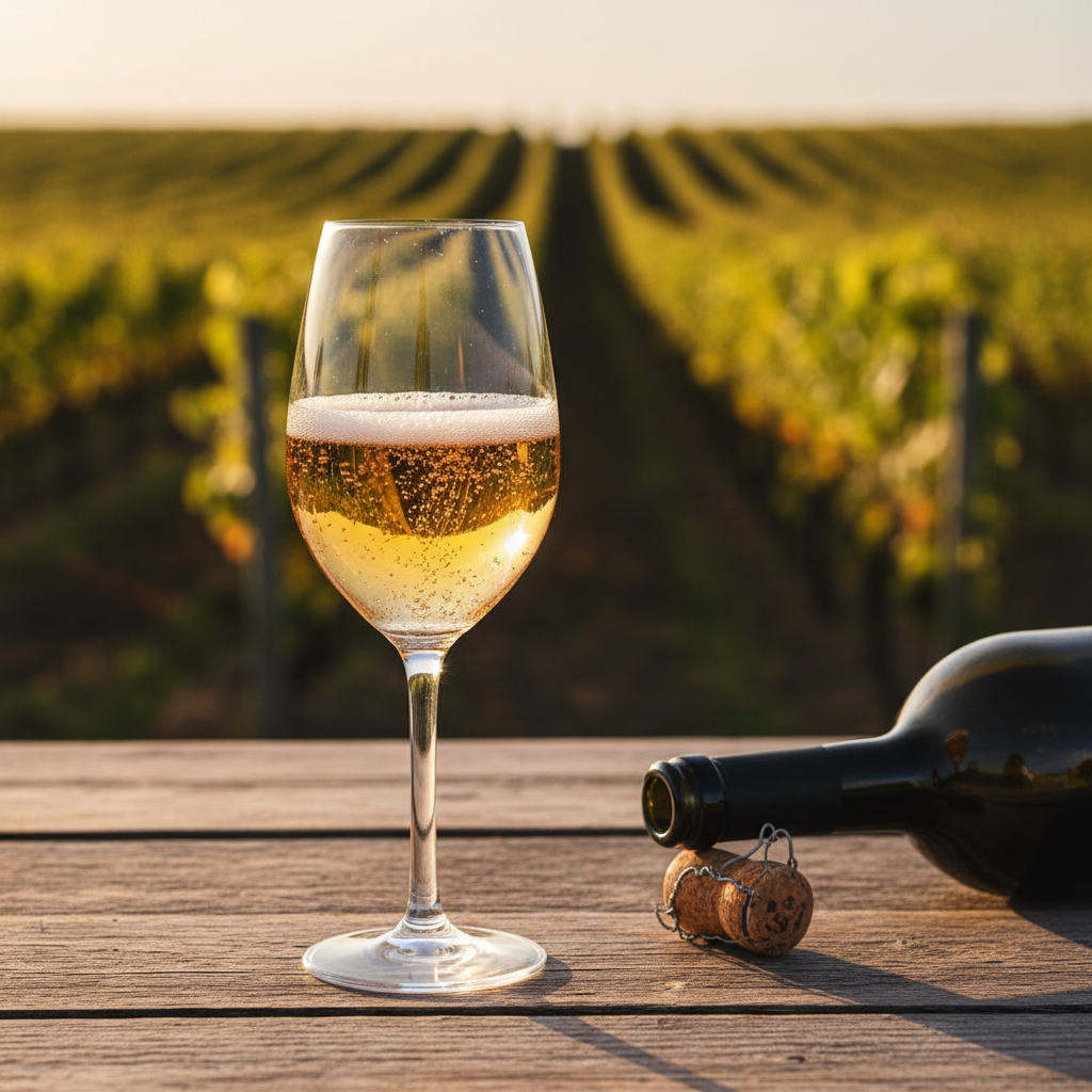 Taça de vinho espumante borbulhante em uma mesa de madeira rústica em um vinhedo ensolarado.
