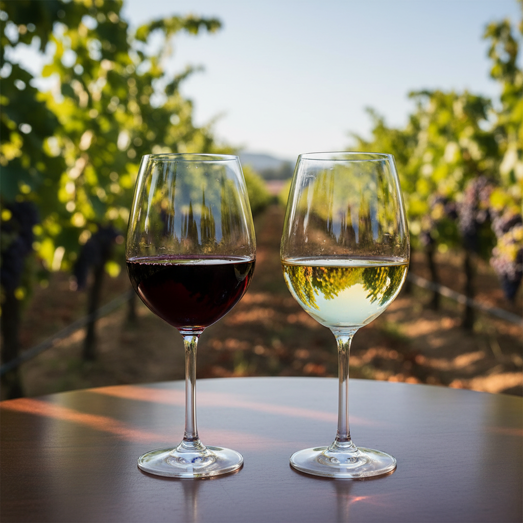 Duas taças de vinho, uma com vinho tinto e outra com vinho branco, sobre uma mesa de madeira, com um vinhedo ensolarado e verde ao fundo.
