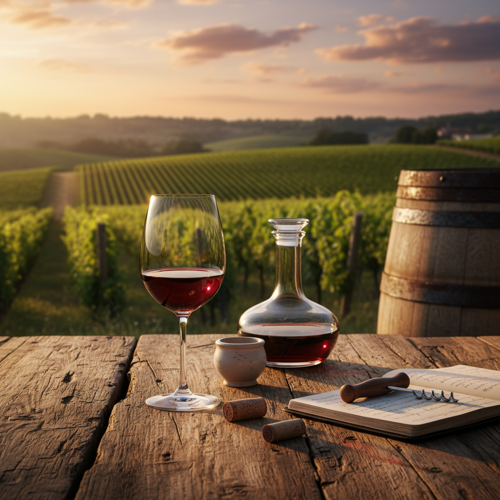 Mesa rústica com taça de vinho americano, ao fundo vinhedos iluminados pelo pôr do sol e um barril de carvalho.