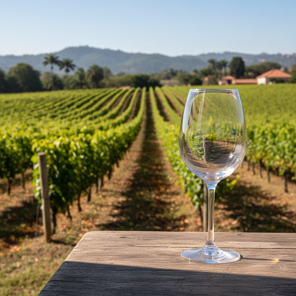 Taça de vinho elegante em uma mesa de madeira rústica, com um vinhedo angolano ensolarado e colinas ao fundo.