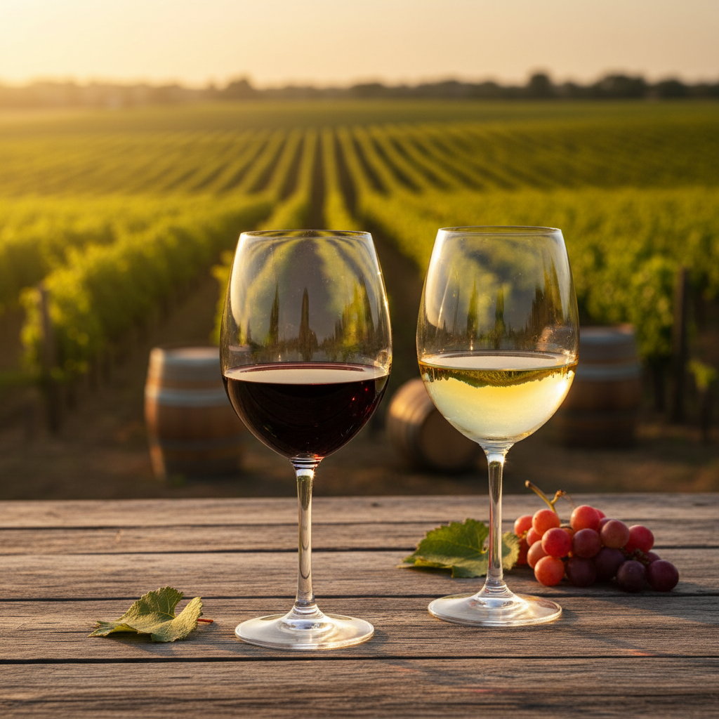 Taças de vinho tinto e branco em uma mesa rústica, com um vinhedo argentino ao pôr do sol e barris ao fundo.