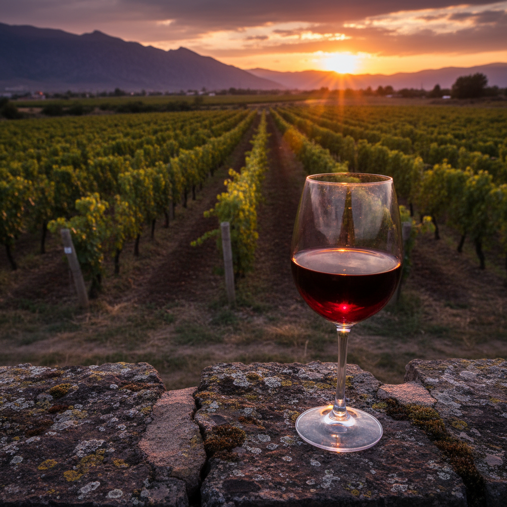 Taça de vinho tinto em um muro de pedra, com um vinhedo armênio milenar ao pôr do sol ao fundo.