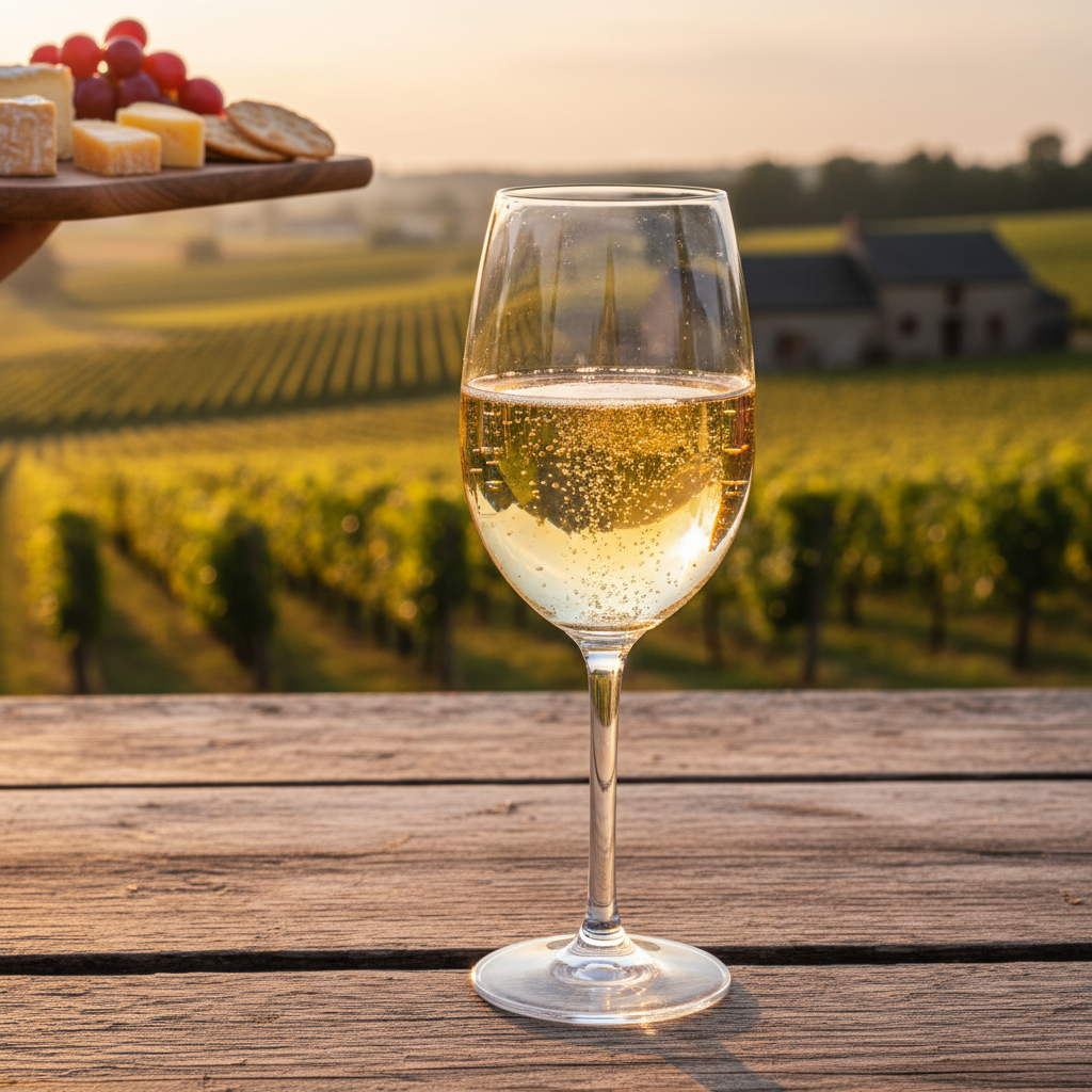 Taça de vinho espumante em mesa rústica com vinhedo belga ao pôr do sol e tábua de queijos.