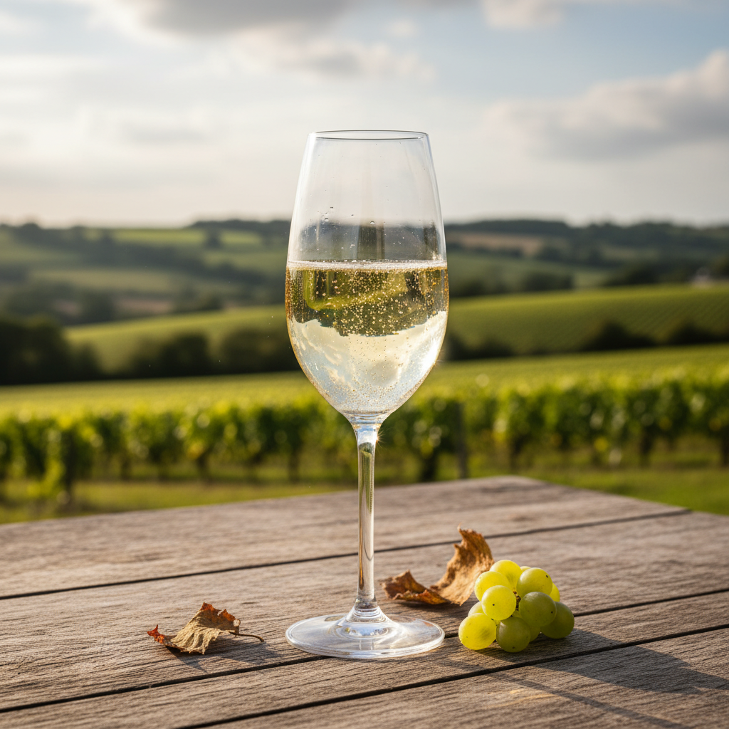 Taça de vinho espumante britânico em uma mesa rústica, com um vinhedo inglês ao fundo, sugerindo uma harmonização campestre.