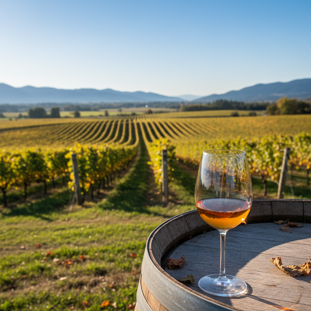 Taça de vinho elegante sobre um barril de madeira em um vinhedo canadense ensolarado, com vinhas ao fundo.