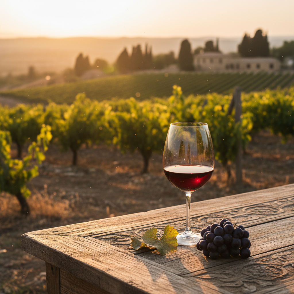 Taça de vinho tinto de Chipre em uma mesa rústica, com um vinhedo cipriota dourado ao fundo.