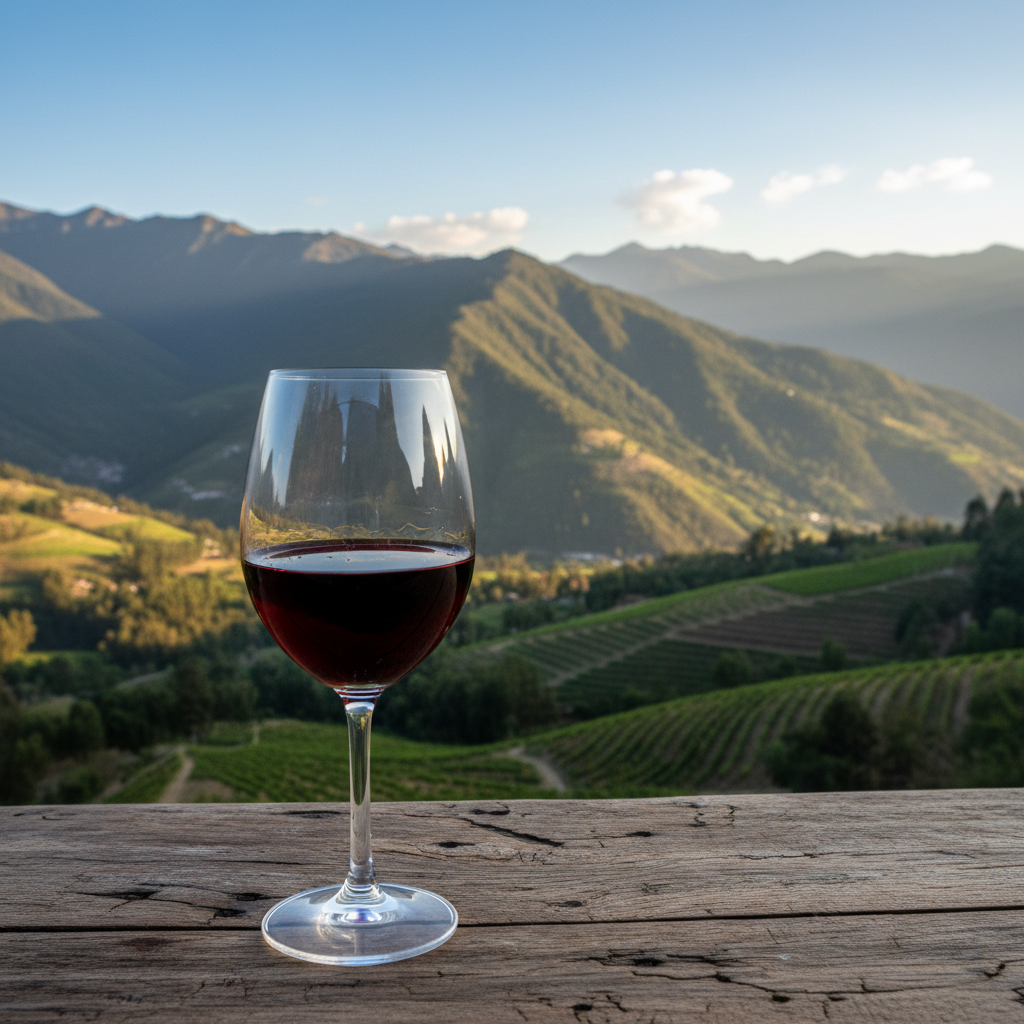 Taça de vinho tinto em mesa rústica, com vinhedos e montanhas andinas colombianas ao fundo.