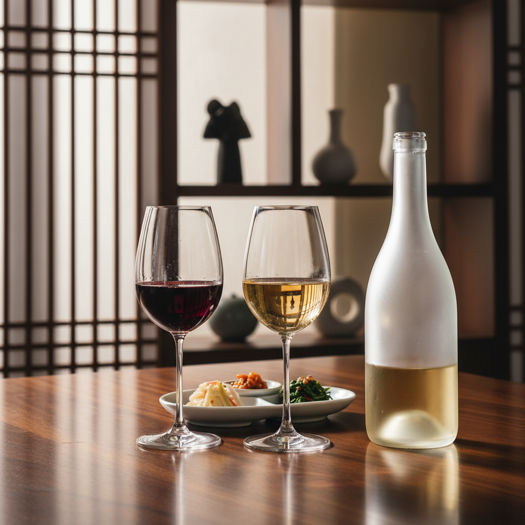 Mesa elegante com taças de vinho e garrafa de vinho sul-coreano em ambiente moderno coreano.