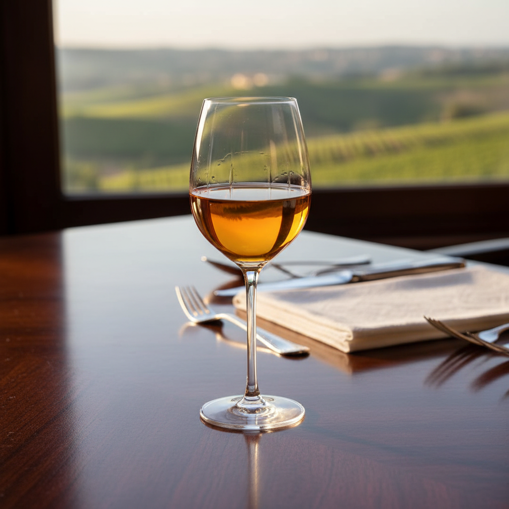 Taça de vinho doce dourado em mesa elegante, pronta para harmonização com sobremesas.