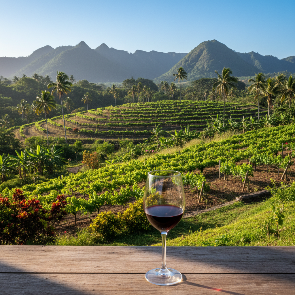 Taça de vinho tinto em um vinhedo moderno e exuberante em El Salvador, com montanhas tropicais ao fundo, simbolizando a harmonização entre vinhos emergentes e a culinária local.