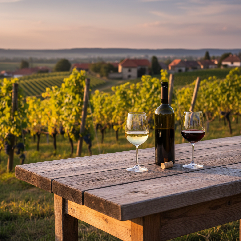 Mesa rústica em vinhedo eslovaco com taças de vinho branco e tinto sob a luz dourada do pôr do sol.