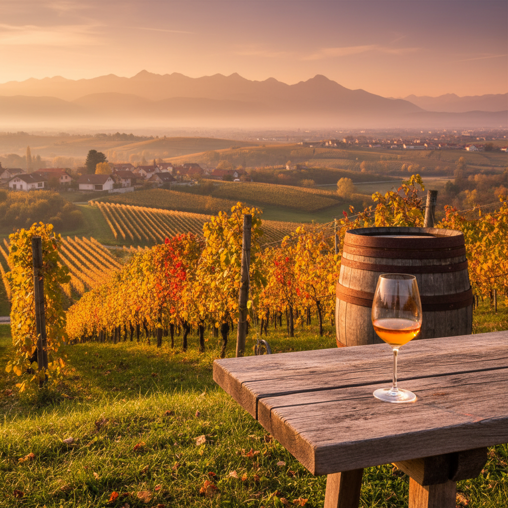 Vinhedo esloveno ao pôr do sol com taça de vinho laranja e barril de carvalho, simbolizando a harmonização local.