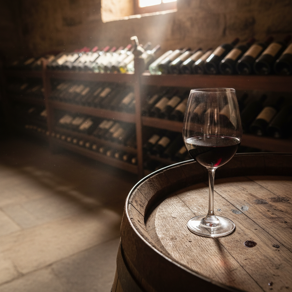 Taça de vinho tinto espanhol sobre um barril de madeira em adega espanhola.