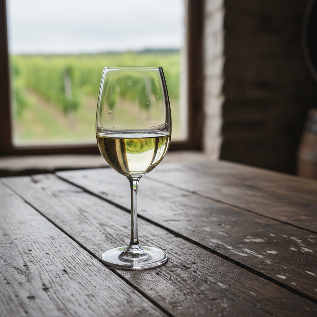 Taça de vinho estoniano em uma mesa de madeira rústica, com um vinhedo ou adega ao fundo, sob luz natural.