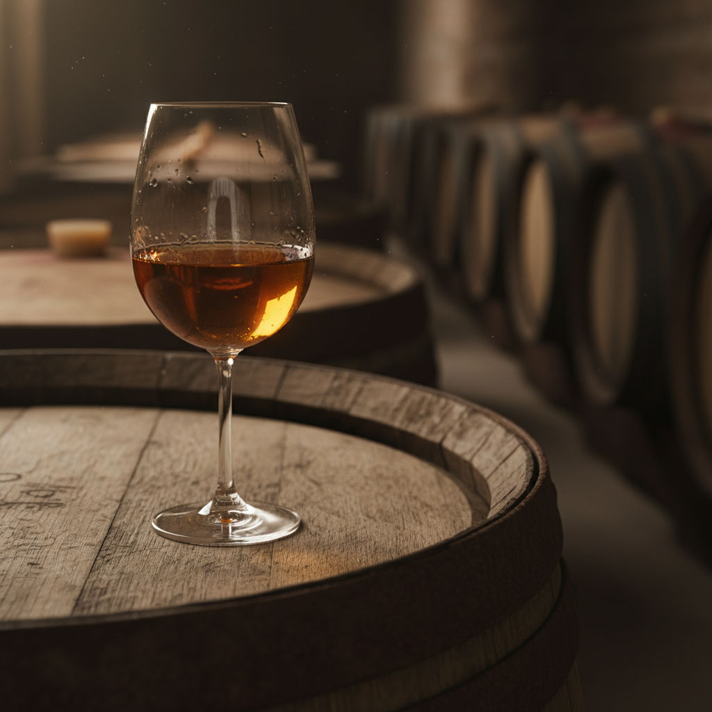 Taça de vinho fortificado de cor âmbar sobre um barril de madeira em uma adega rústica.