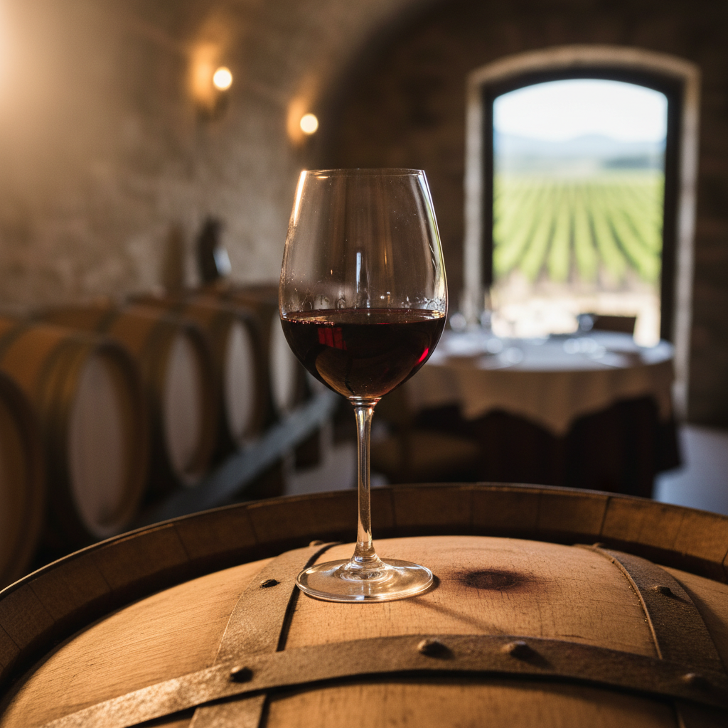 Taça de vinho tinto sobre um barril de madeira em uma adega com iluminação suave, sugerindo uma experiência de degustação.
