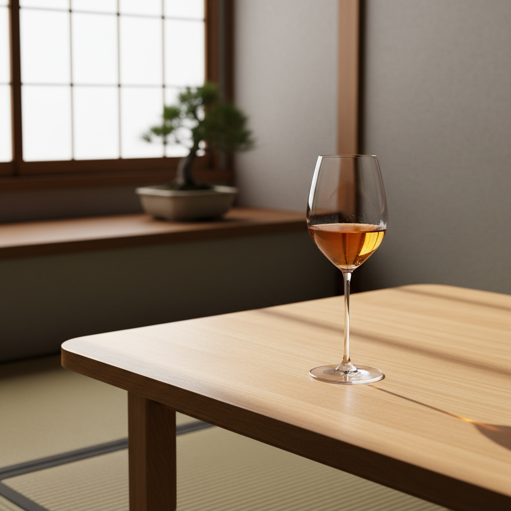 Taça de vinho elegante com vinho âmbar sobre uma mesa de madeira em um ambiente japonês sereno.