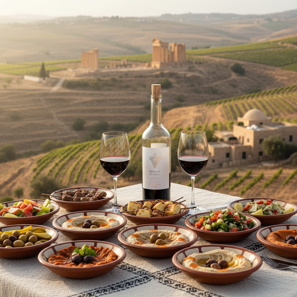 Mesa de jantar do Oriente Médio com pratos típicos, vinho jordaniano e taças, com um vinhedo ensolarado da Jordânia ao fundo.